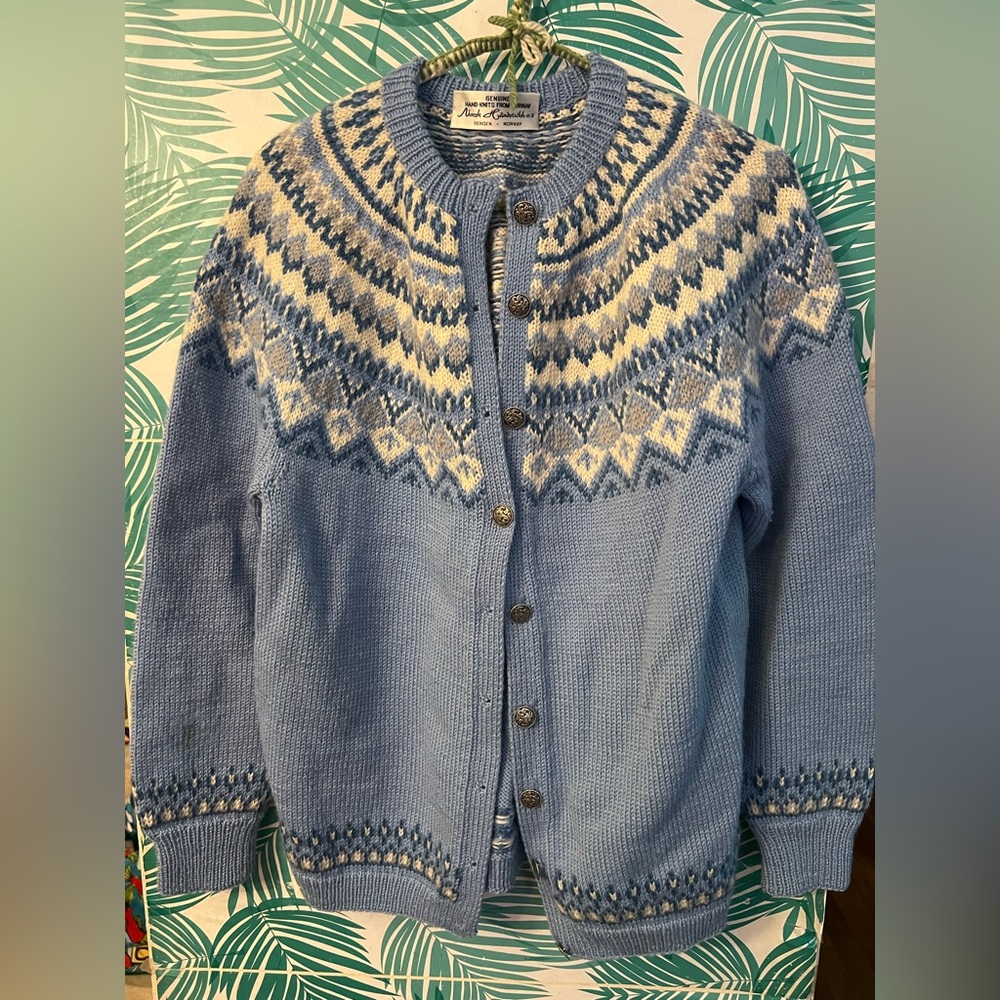 Norwegian Norway Hand Knit Cardigan w/ pewter buttons light blue classic wool